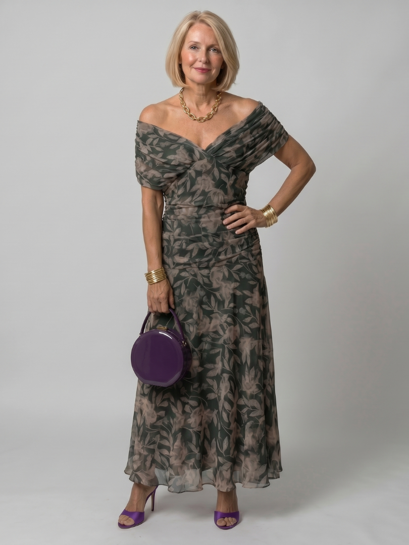 Women's purple midi dress off-shoulder ruched floral