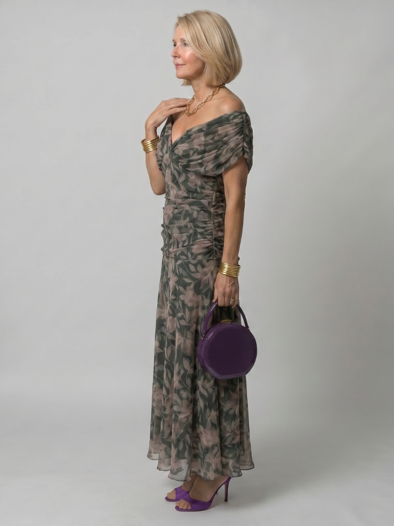 Women's purple midi dress off-shoulder ruched floral