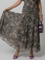 Women's dark green midi dress off-shoulder ruched floral