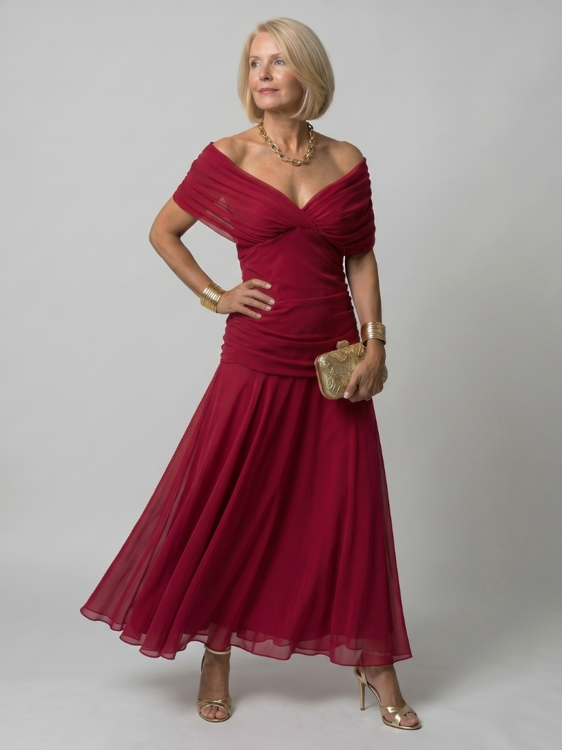Women's dark green midi dress off-shoulder ruched floral