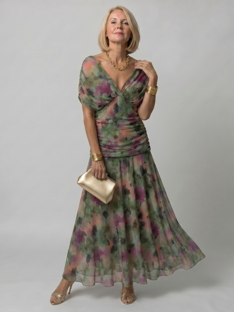 Women's dark green midi dress off-shoulder ruched floral
