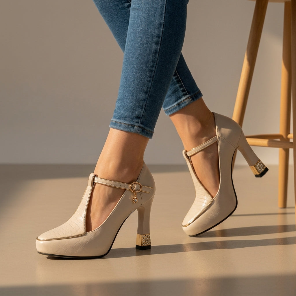 Women's T-Bar Block Heels in beige, product photo