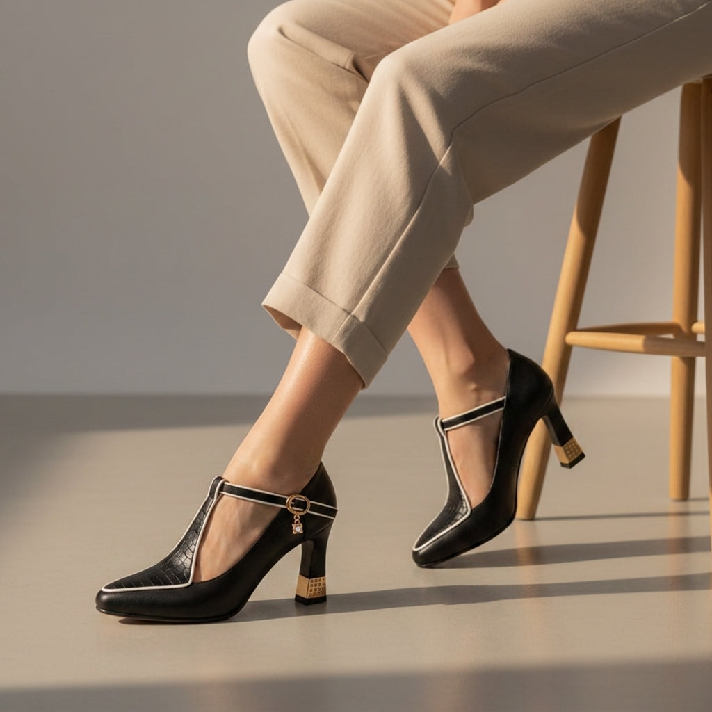 Women's T-Bar Block Heels in black, product photo