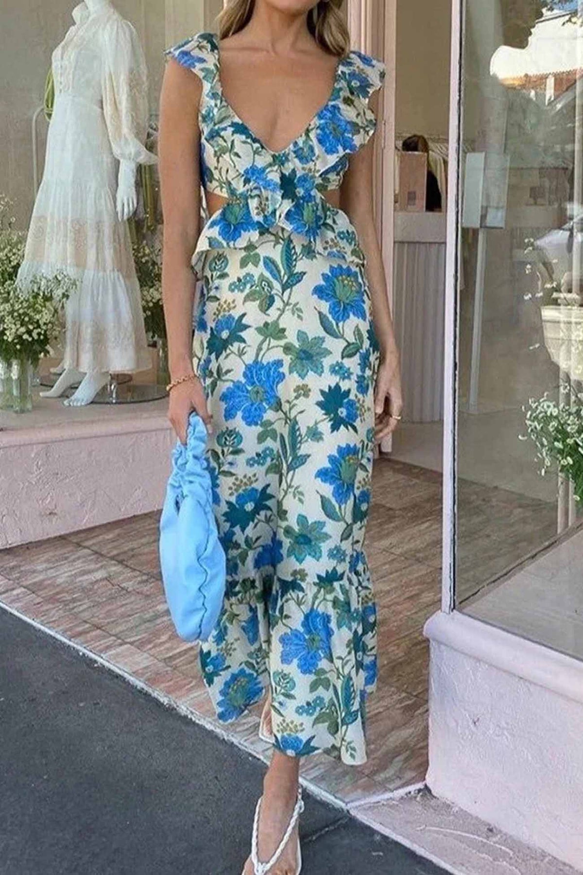 Blue floral maxi dress in an alternate colourway with ruffle trim