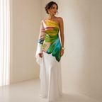 White one-shoulder maxi dress with a colourful draped sleeve, front view