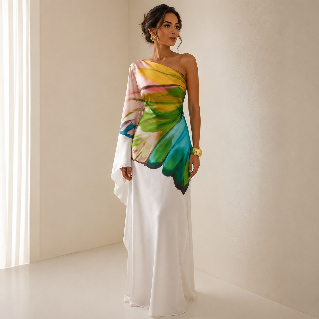 White one-shoulder maxi dress with a colourful draped sleeve, front view