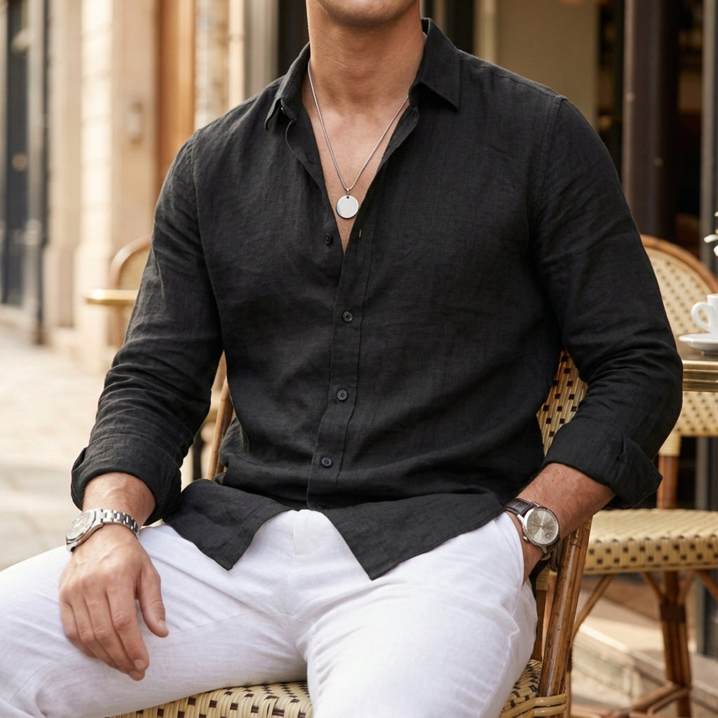 Men's Linen Button-Up Shirt in black, product photo