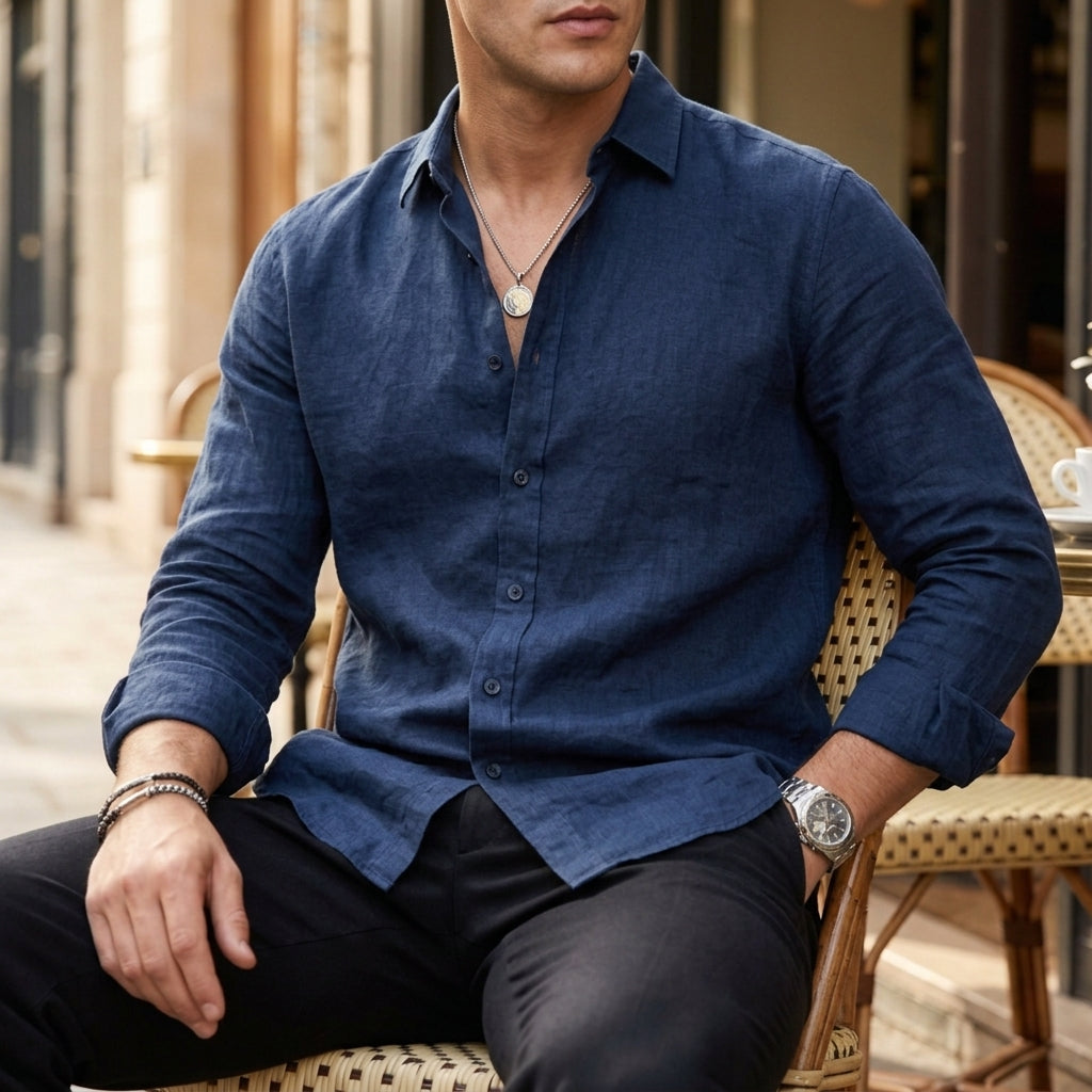 Men's Linen Button-Up Shirt in midnight navy, product photo