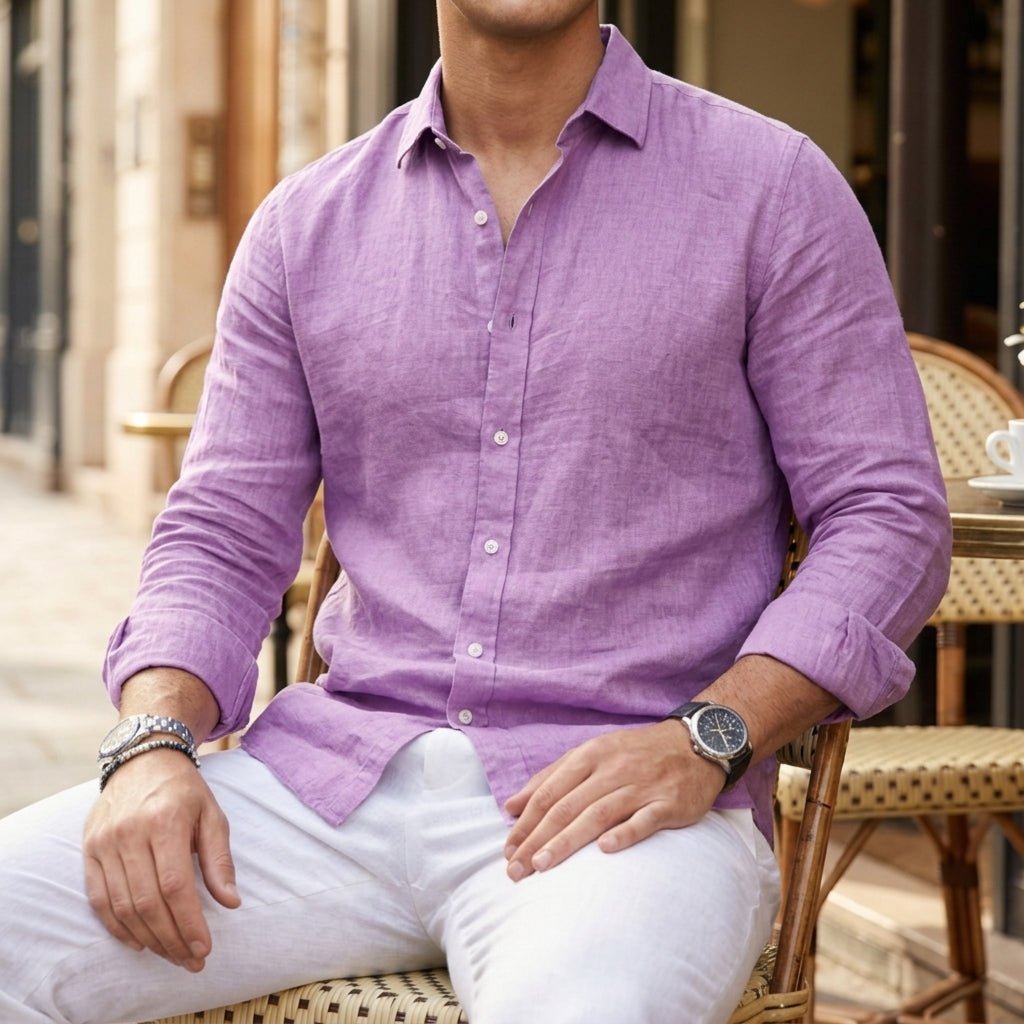 Men's Linen Button-Up Shirt in lavender, product photo