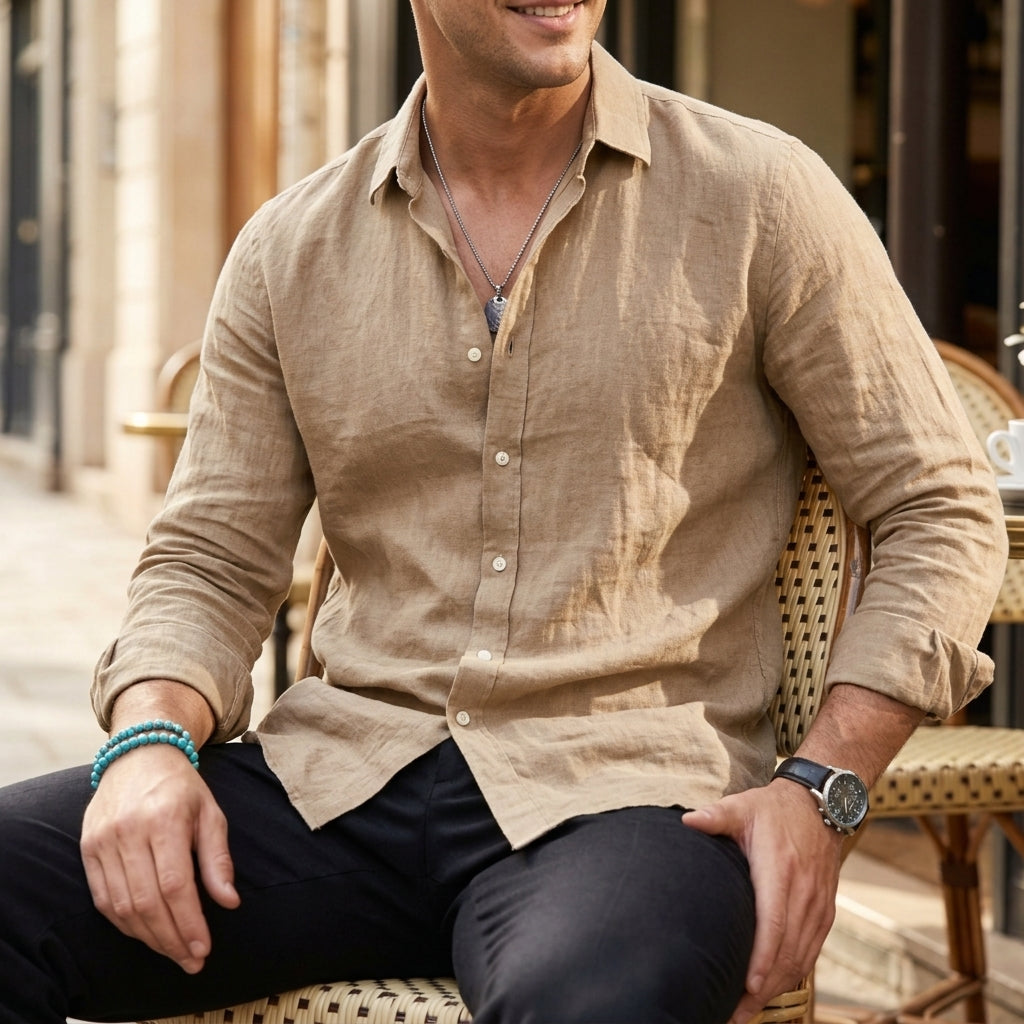 Women's Linen Button-Up Shirt in sand beige, product photo