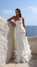 Front view of the White maxi dress, styled for an everyday transitional outfit