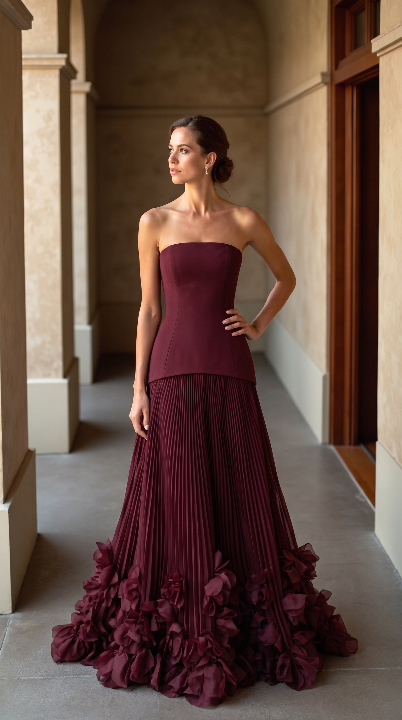 The Burgundy maxi dress shown up close to highlight the colour and texture
