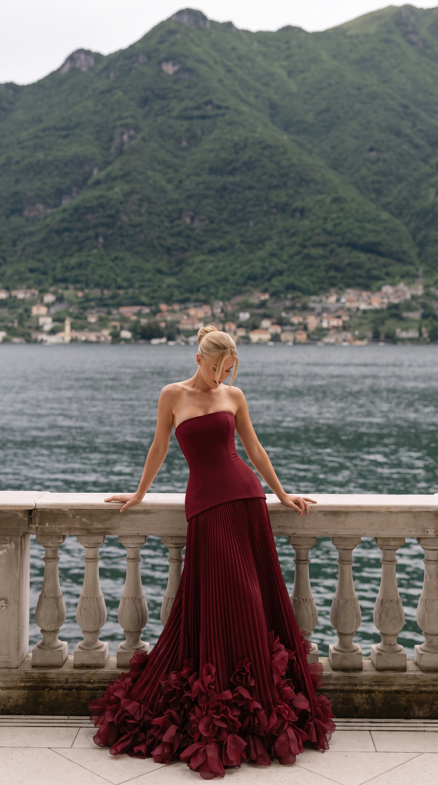 Close-up of the Burgundy maxi dress trim, finish and hardware detail