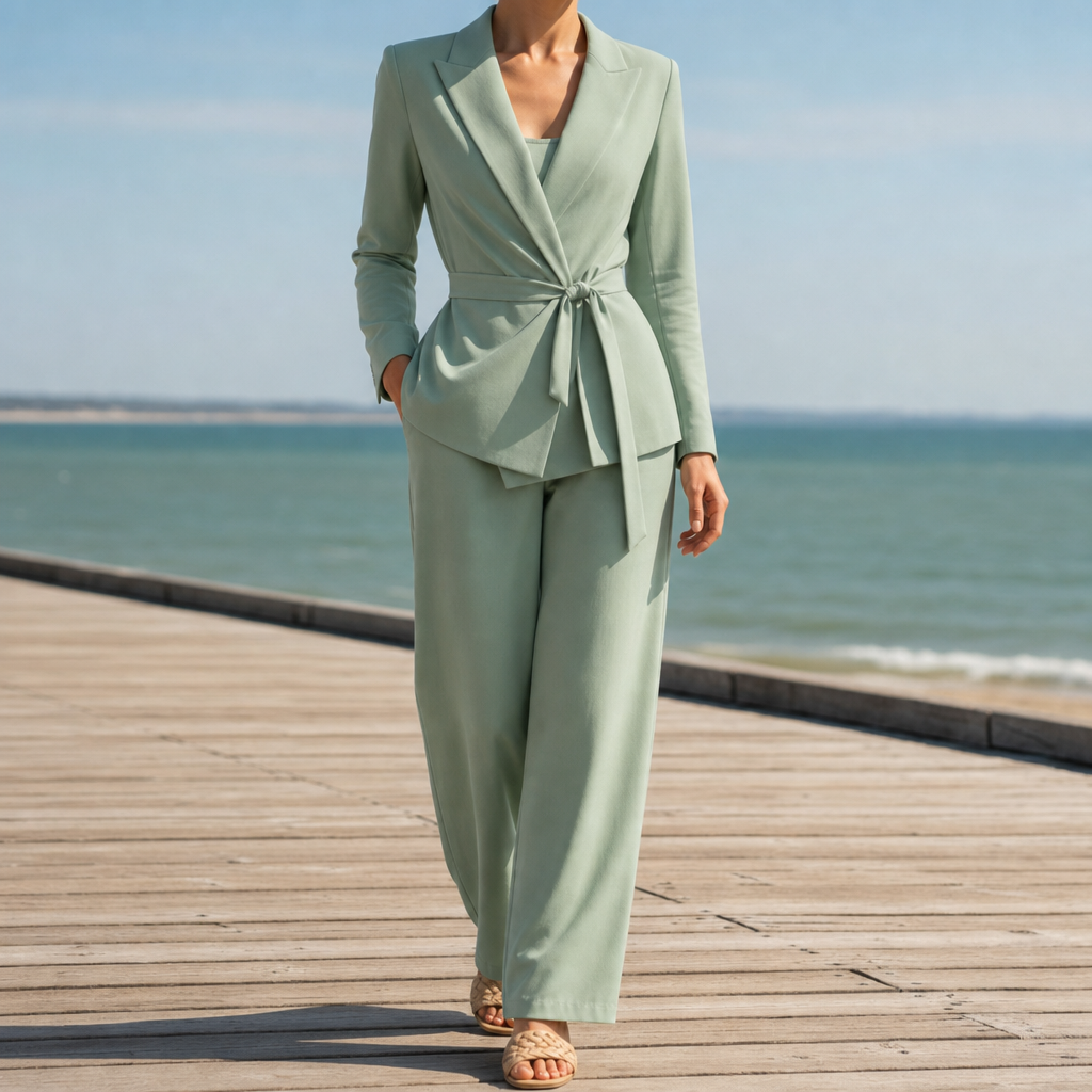 Green blazer and trouser set shown with its knit belt with bow detail.