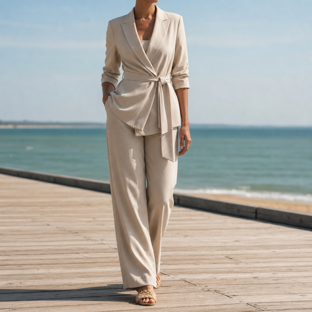 Beige blazer and trouser set shown with its wide-leg trousers.