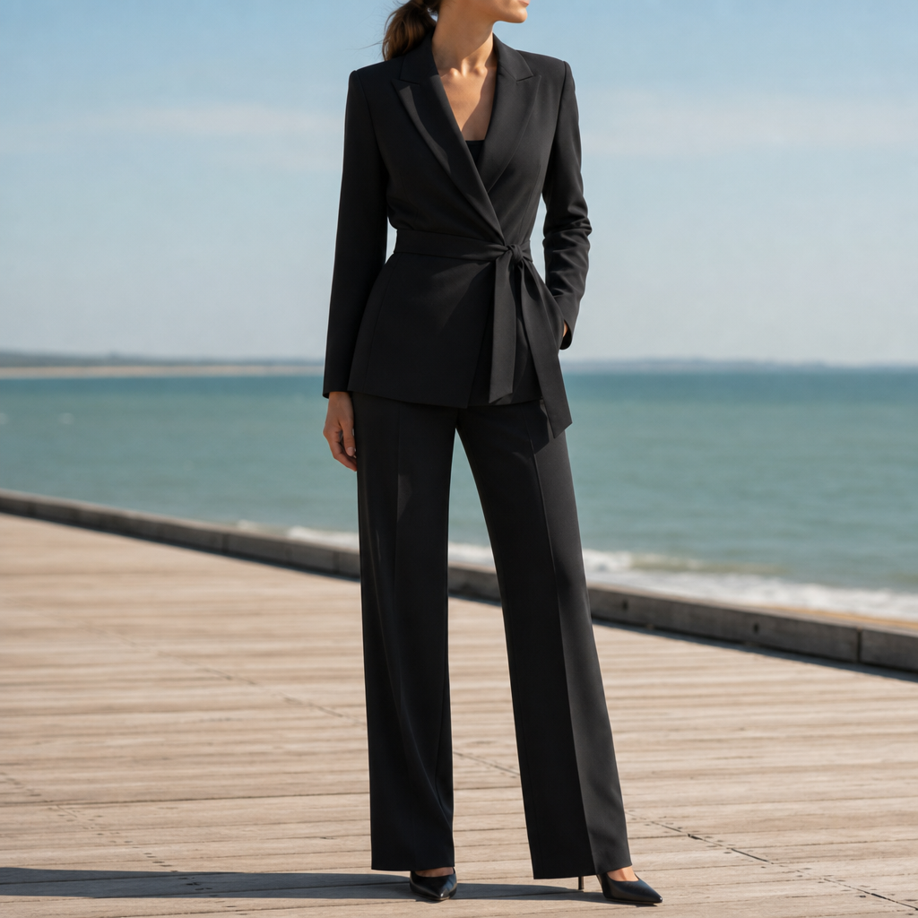 Black blazer and trouser set shown with its tailored office-ready fit.
