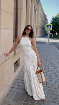 Amelia | Women's Chiffon Maxi Dress with Ruffle Detail and Open Back