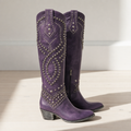 Purple studded western knee-high boots with pointed toe