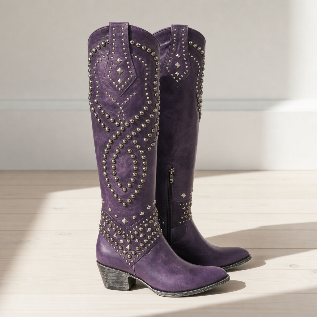 Purple studded western knee-high boots with pointed toe