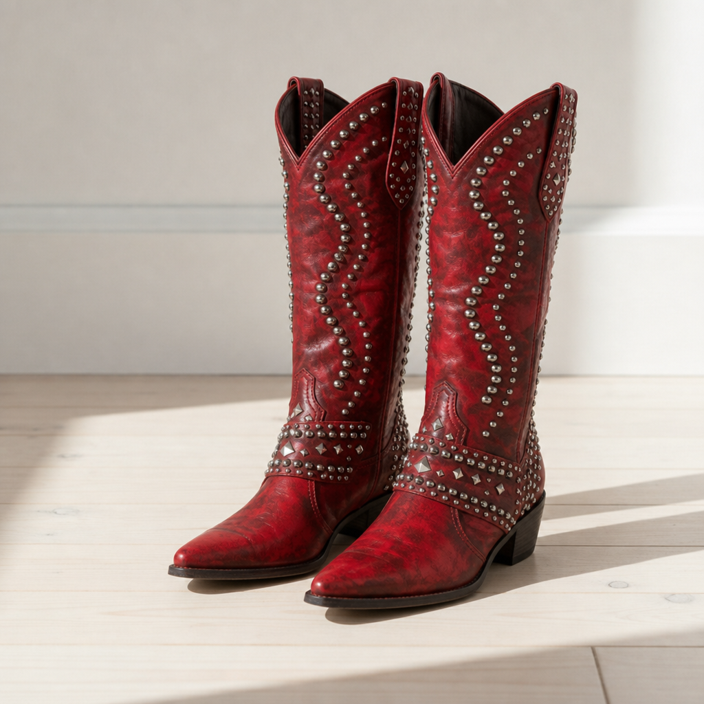 Red studded western knee-high boots with pointed toe