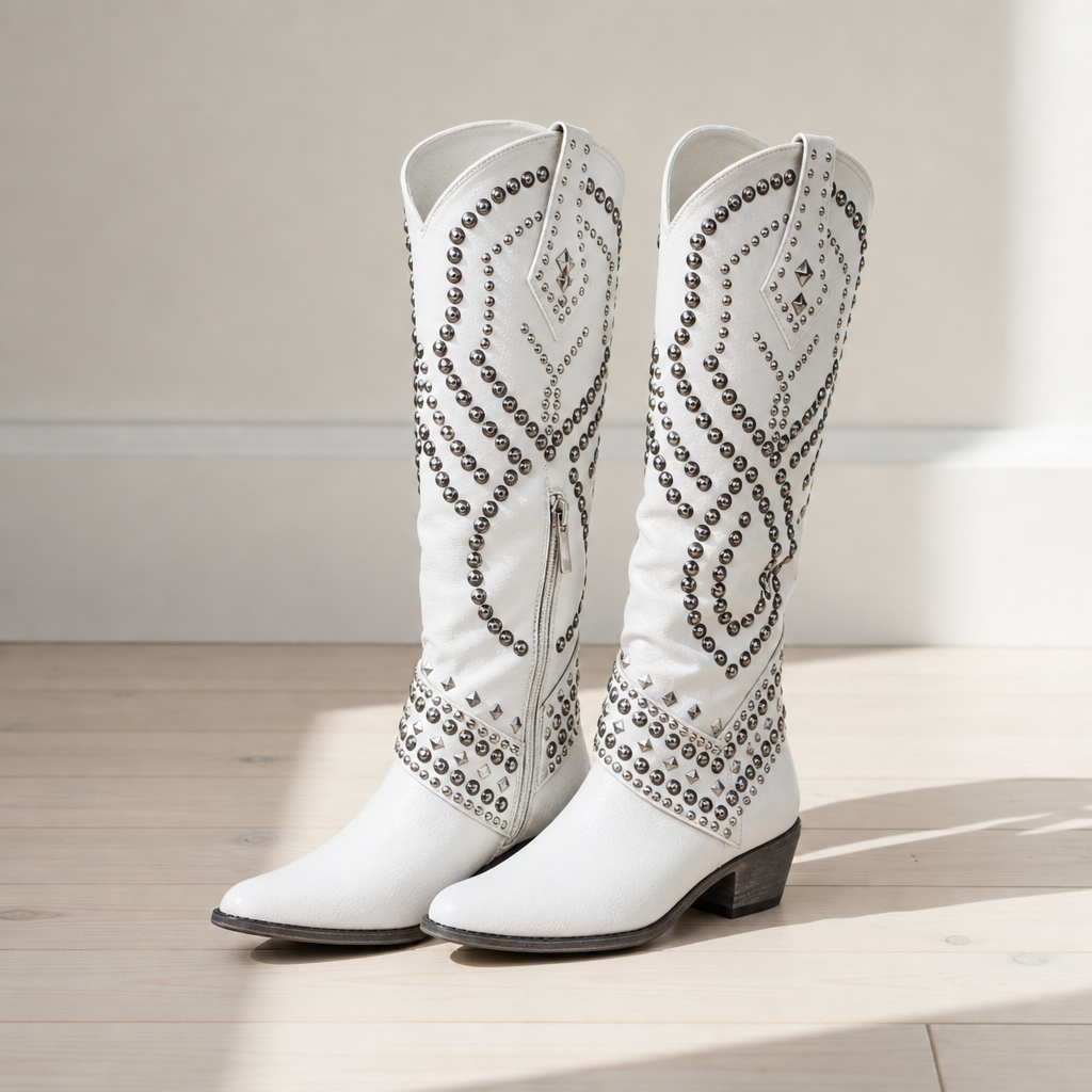 White studded western knee-high boots with pointed toe