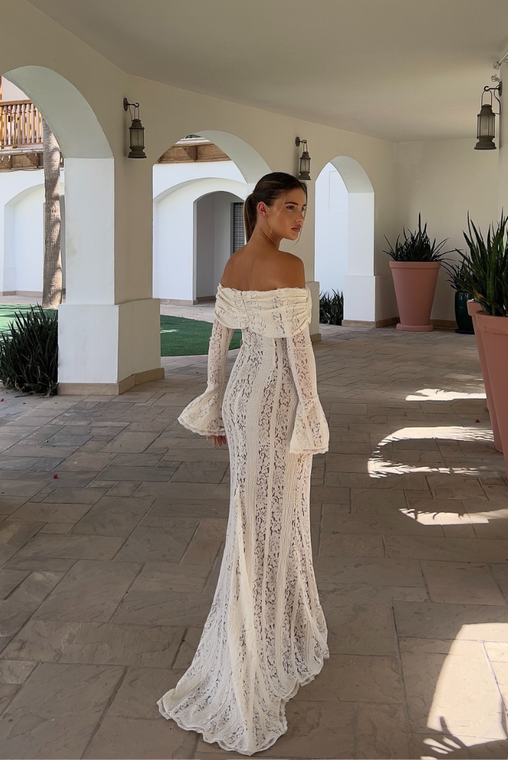 White lace maxi dress styled for the transitional season ahead.