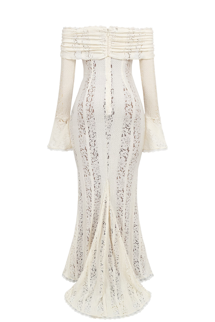 White lace maxi dress worn, showing the fit and overall silhouette.