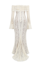White lace maxi dress worn, showing the fit and overall silhouette.