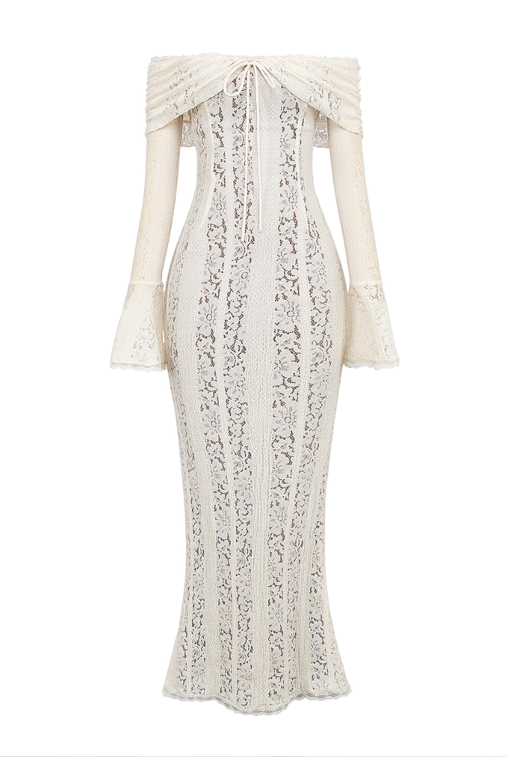 Close-up detail of the White lace maxi dress fabric and finish.