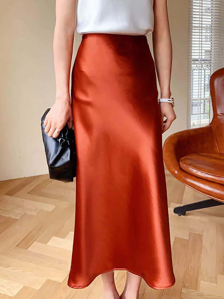 Women's Flowing Satin A-Line Midi Skirt for Evening Wear — Orange