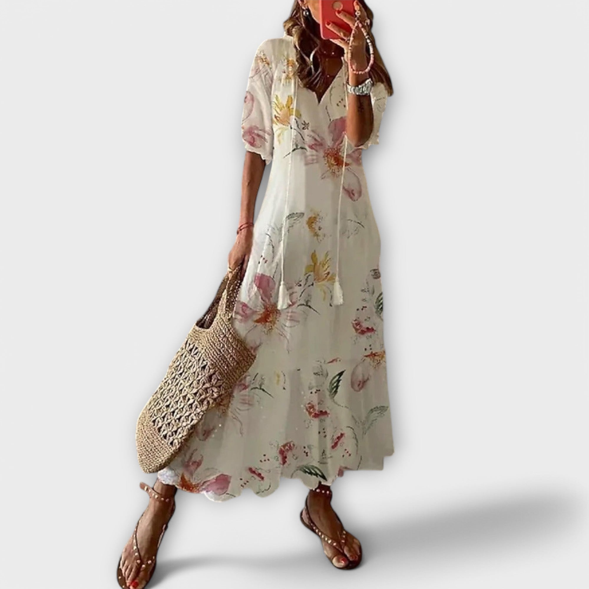 Women's beige maxi dress flowing boho adjustable-waist