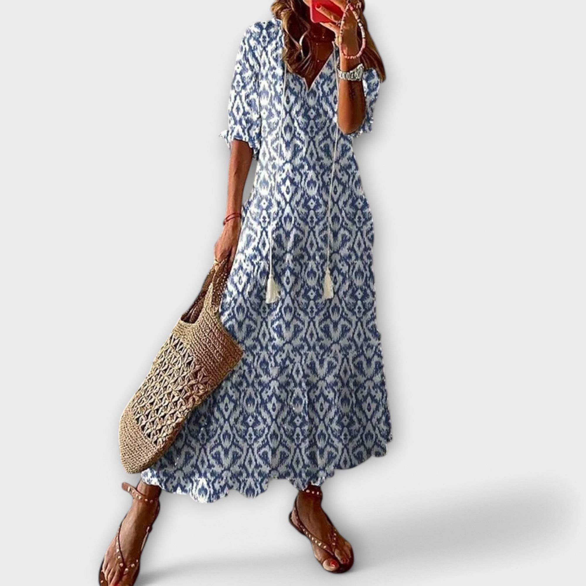 Women's beige maxi dress flowing boho adjustable-waist