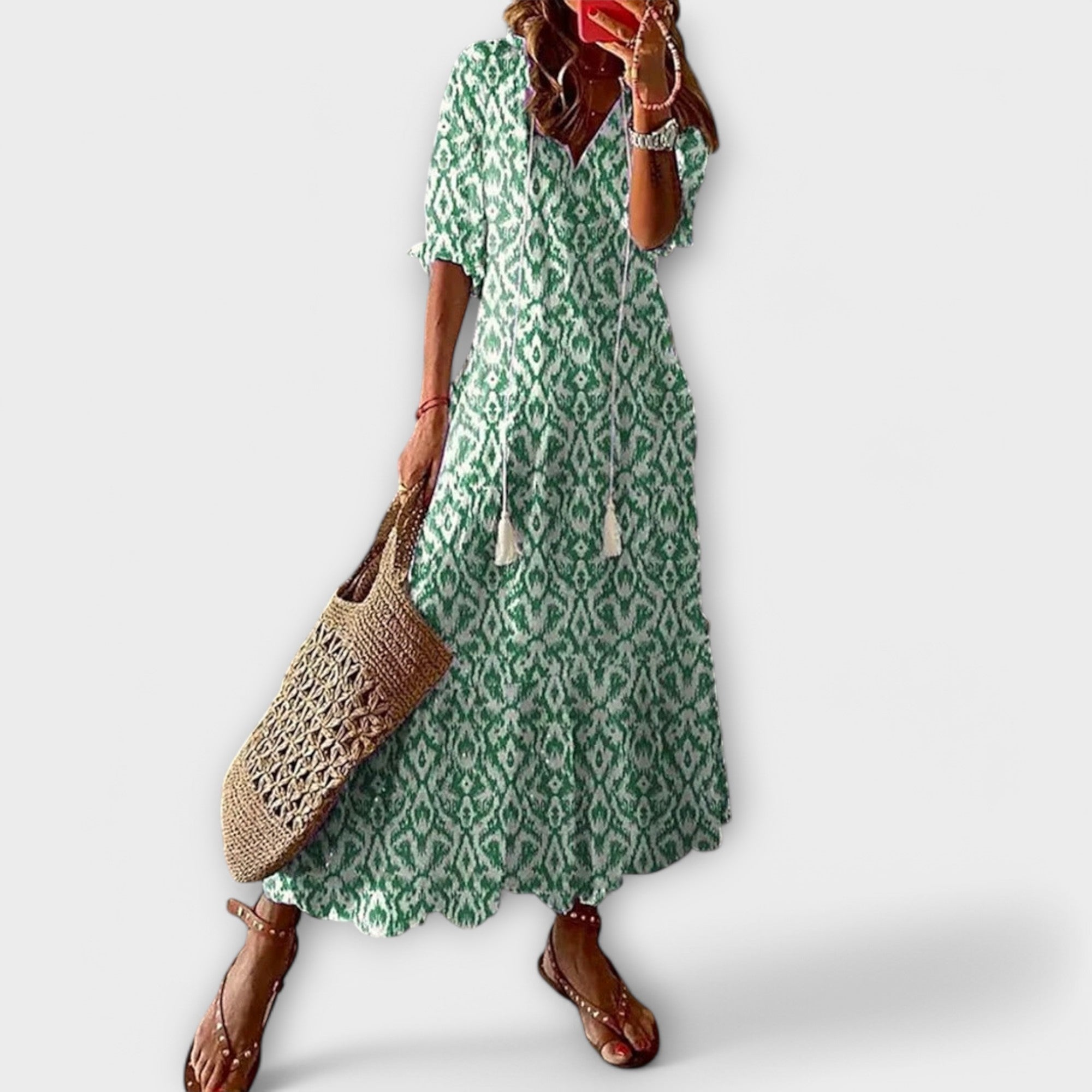 Women's beige maxi dress flowing boho adjustable-waist