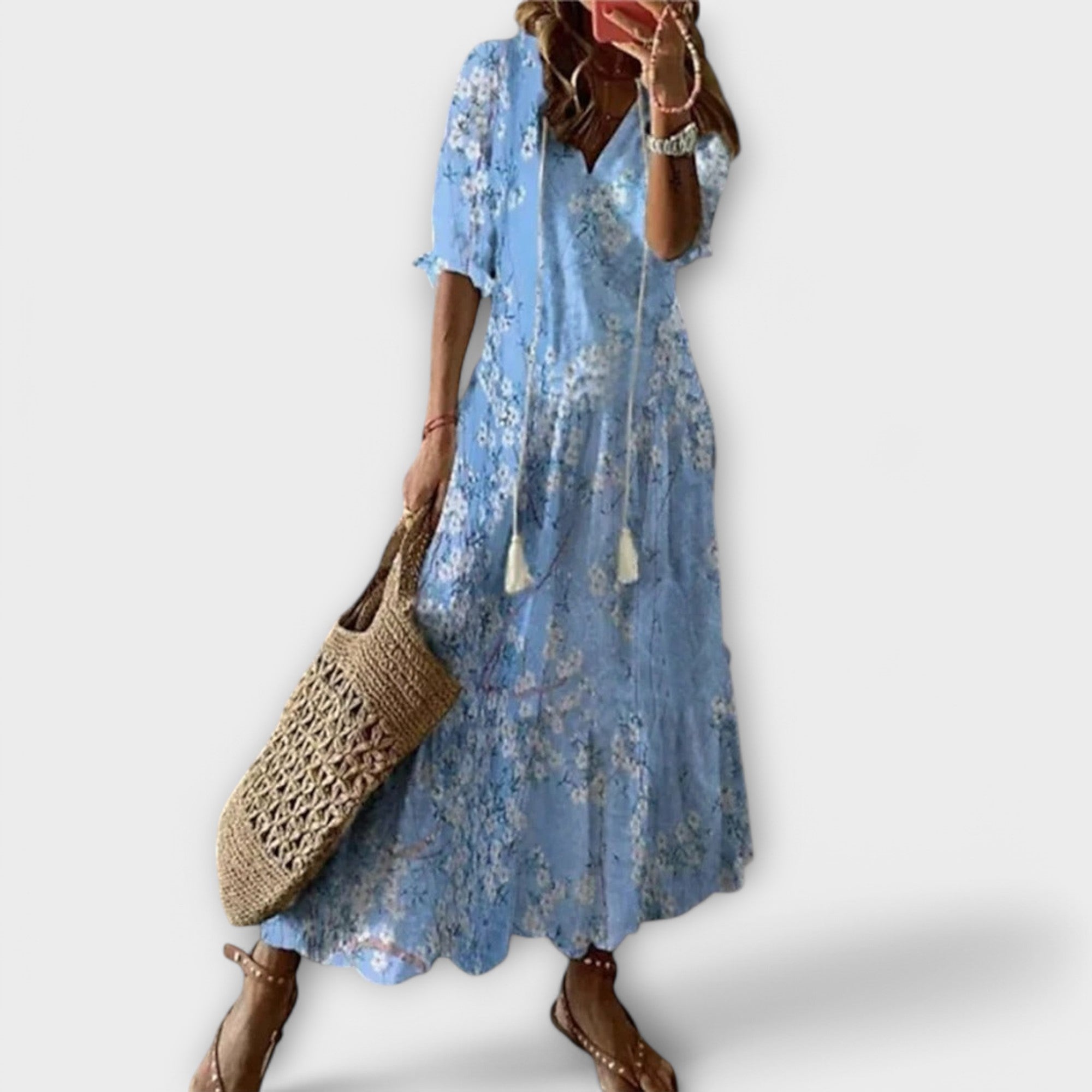 Women's beige maxi dress flowing boho adjustable-waist