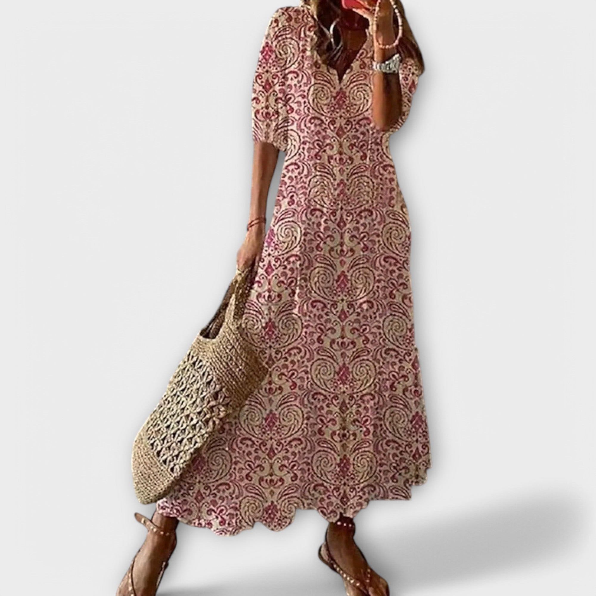 Women's beige maxi dress flowing boho adjustable-waist