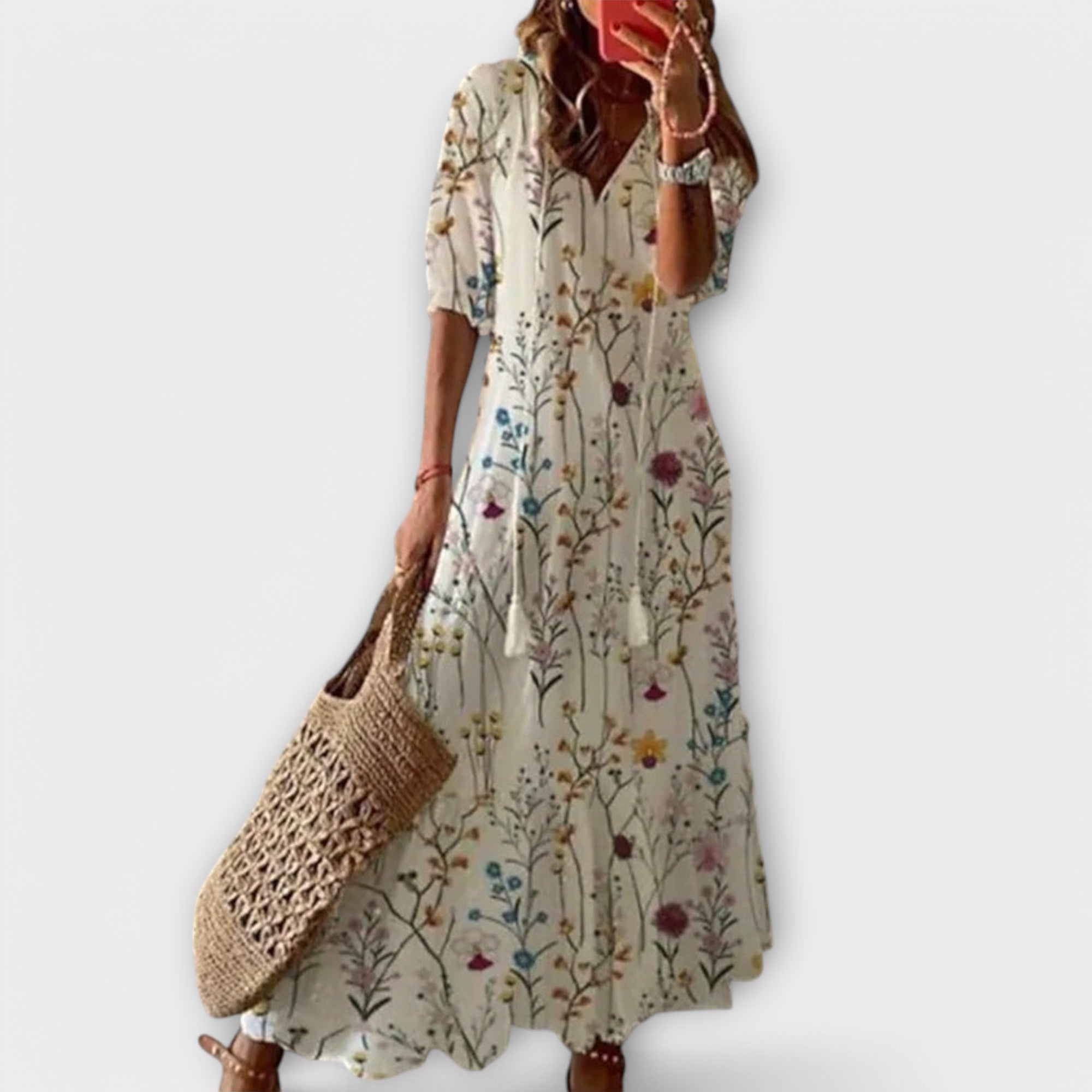 Women's green maxi dress flowing boho adjustable-waist