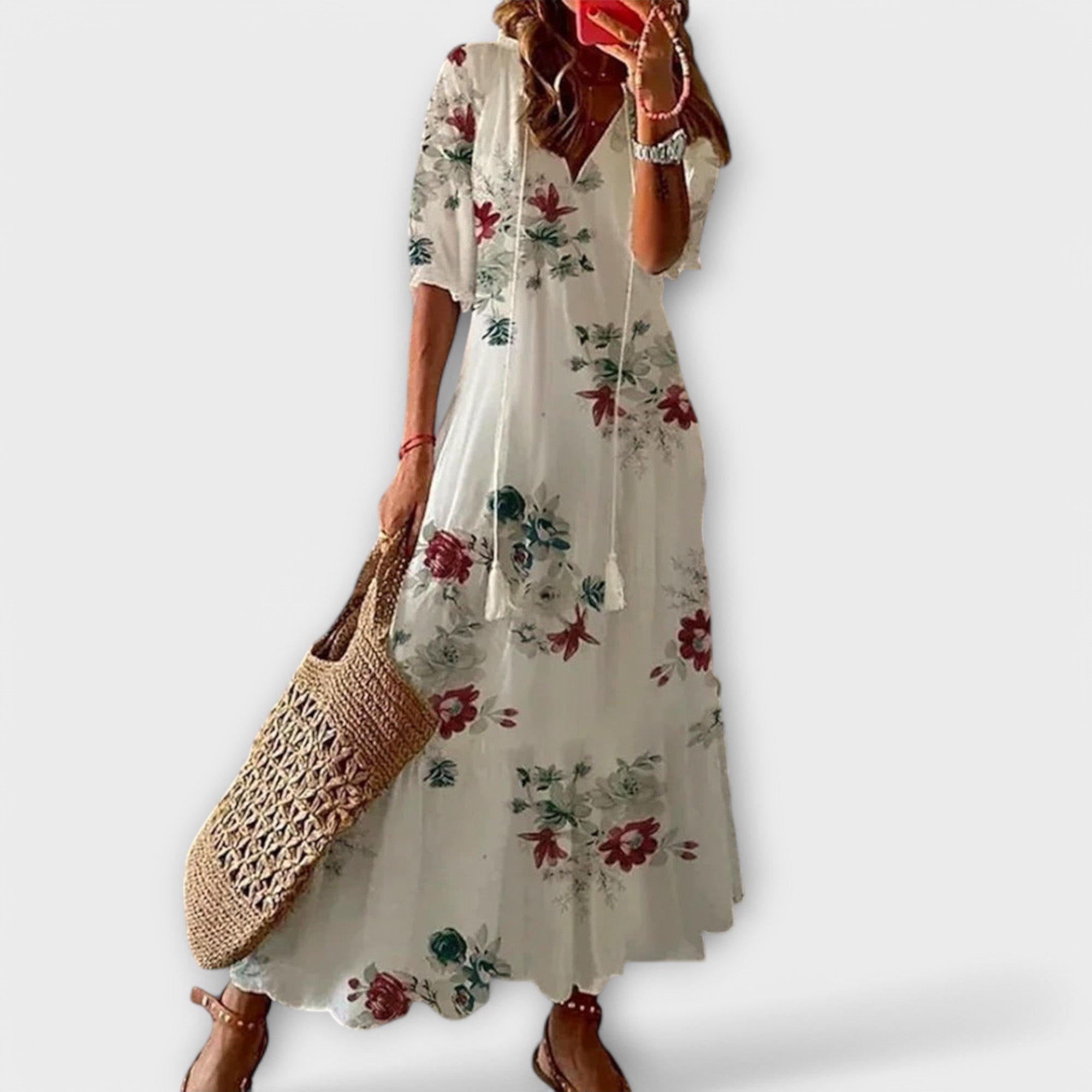 Women's green maxi dress flowing boho adjustable-waist