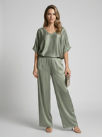 Women’s green women's satin lounge set wide leg