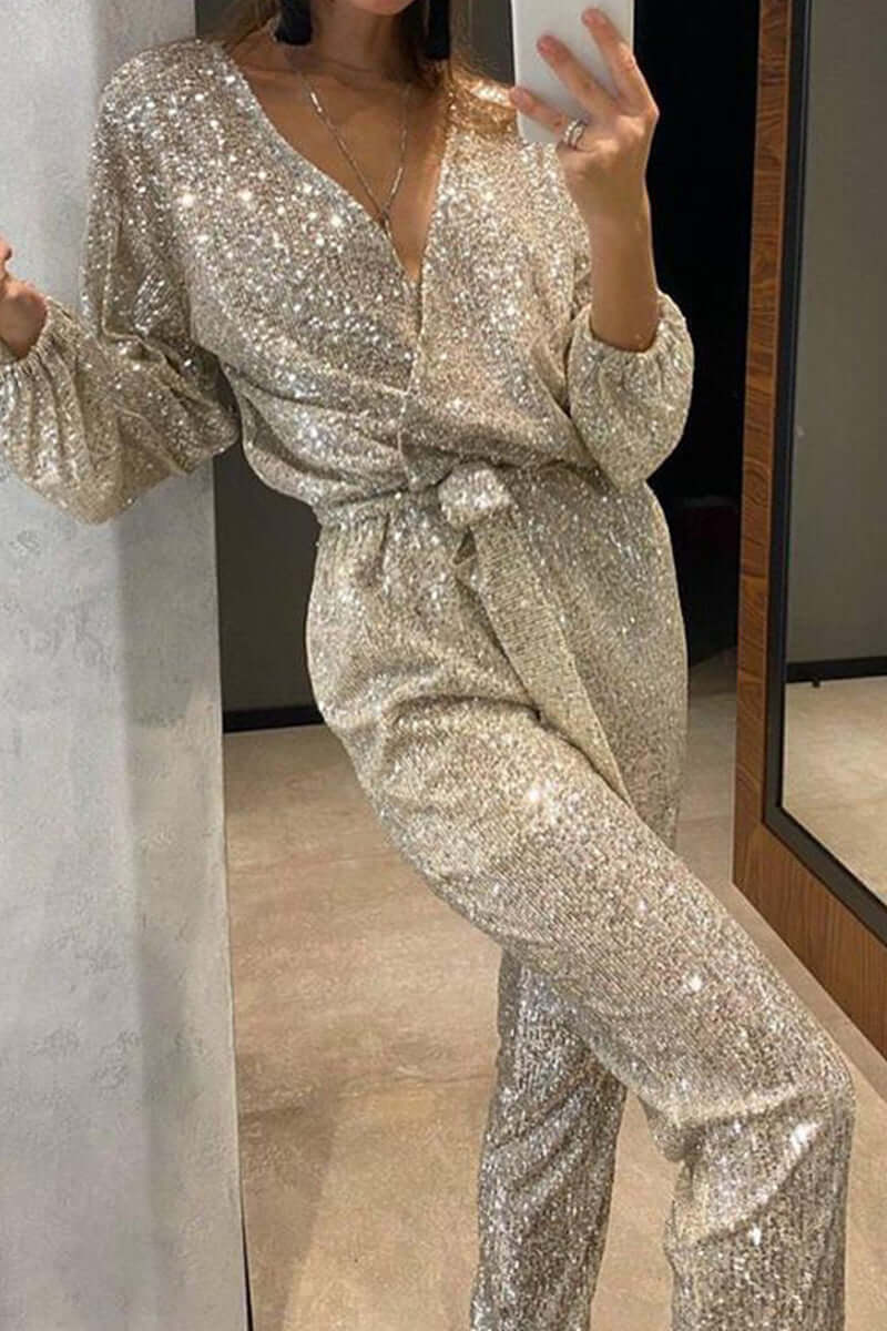 Women's Sequin Bandage Jumpsuit with V-Neck for Party Nights — Light gold