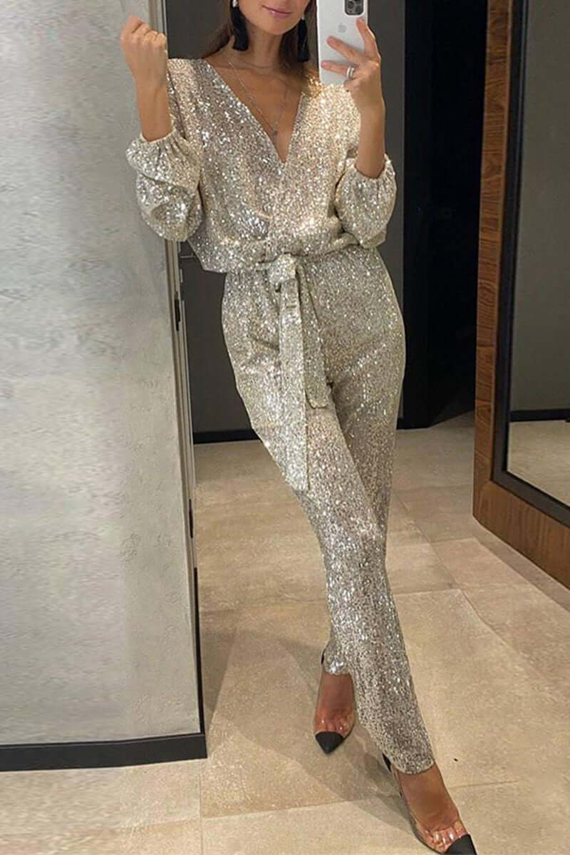 Women's Sequin Bandage Jumpsuit with V-Neck for Party Nights — product photo