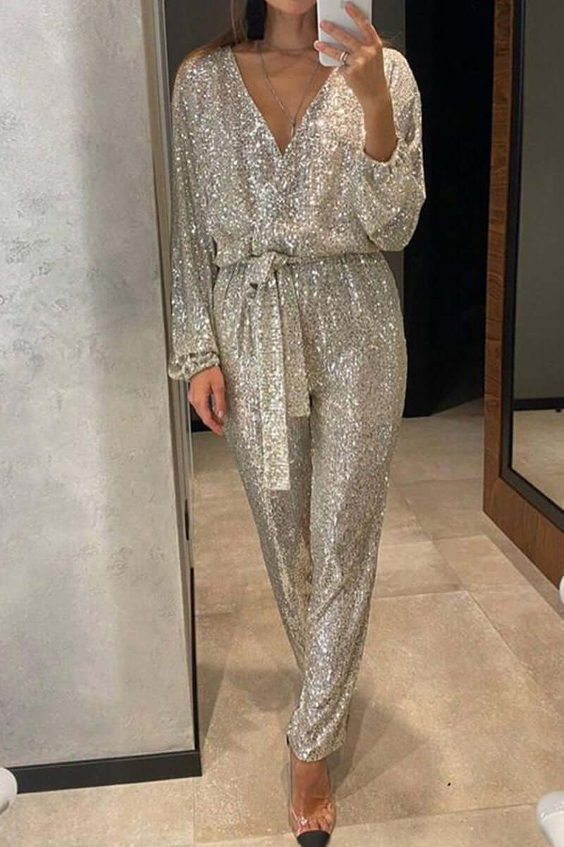 Women's Sequin Bandage Jumpsuit with V-Neck for Party Nights — product photo