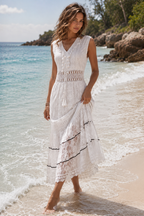 Women’s white women's boho lace maxi dress v-neck