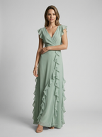 Women’s green women's ruffle maxi dress deep v-neck