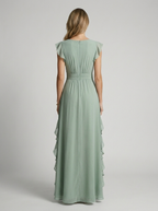 Women’s green women's ruffle maxi dress deep v-neck