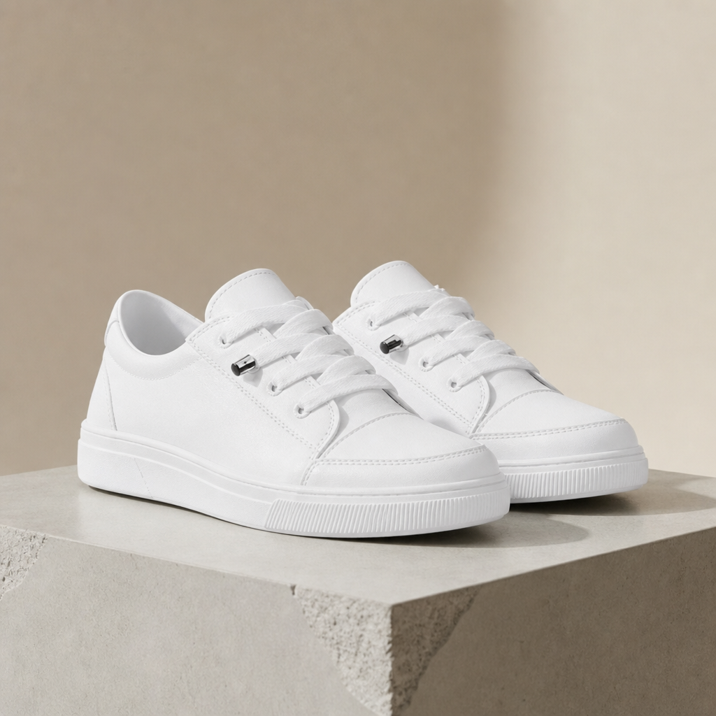 White lace-up comfort sneakers displayed on a stone plinth