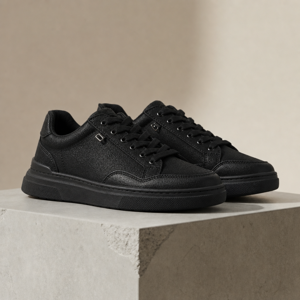 Black lace-up comfort sneakers displayed on a stone plinth