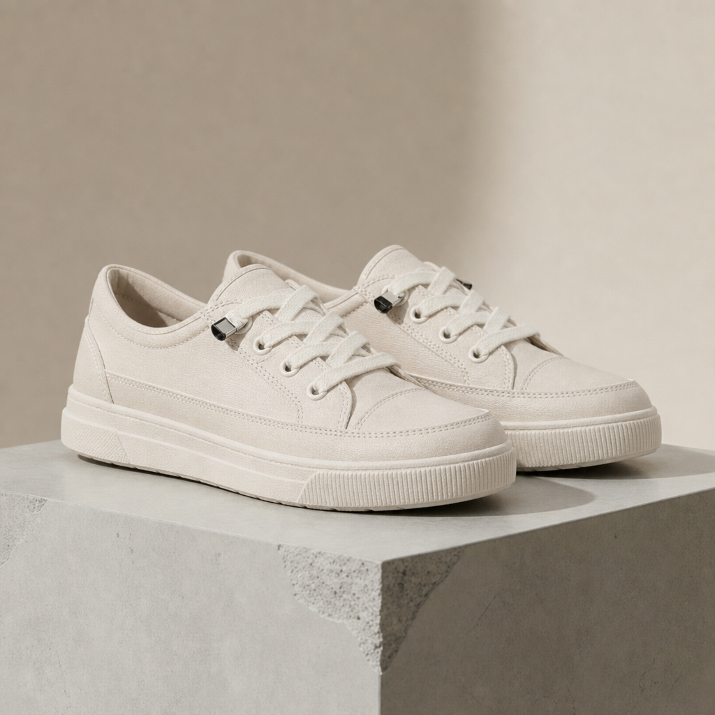 Off white lace-up comfort sneakers displayed on a stone plinth