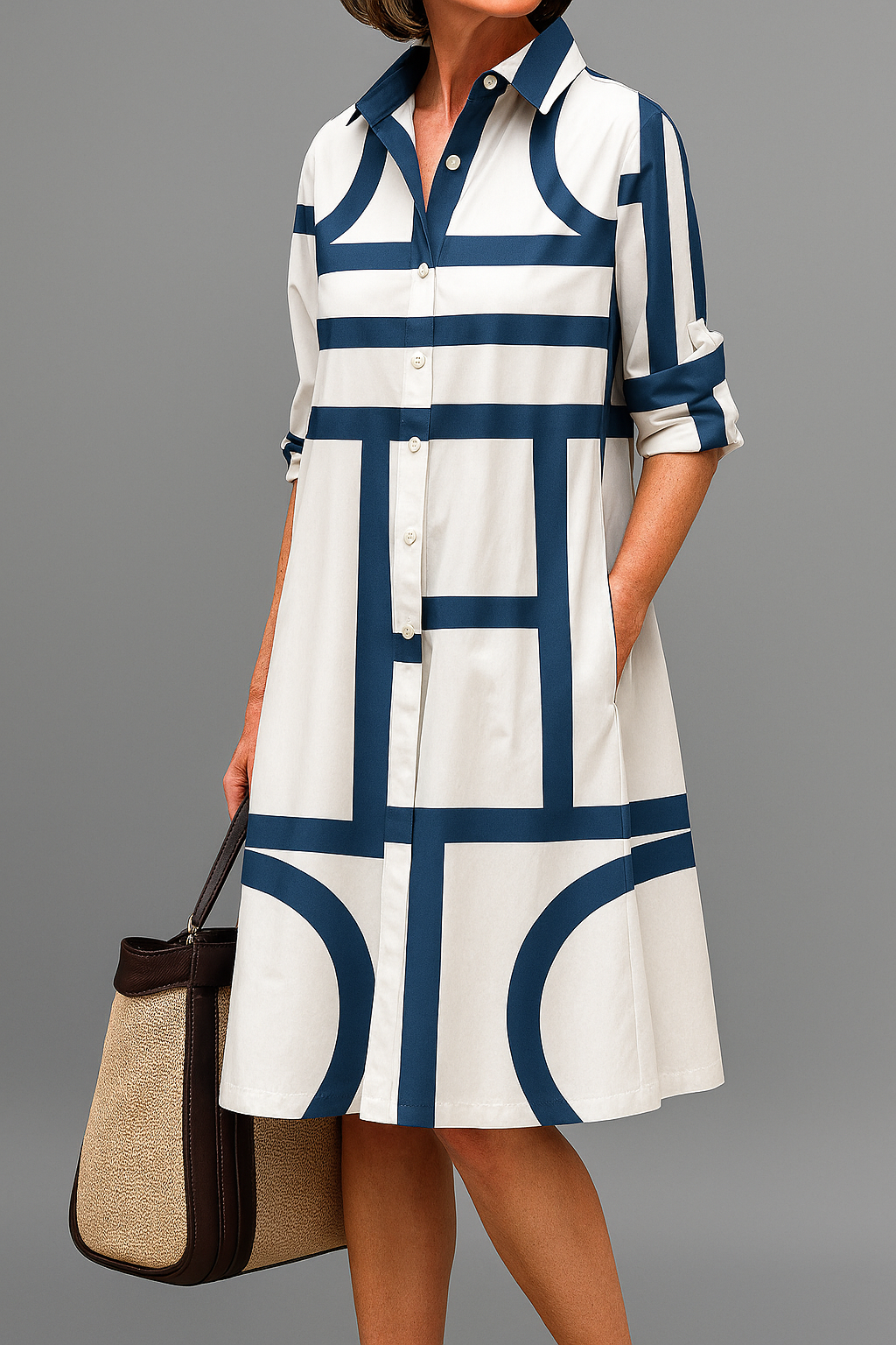 Women's white blue midi dress sophisticated fluid silhouette