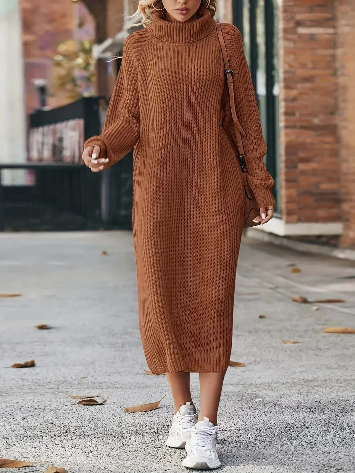 Women's Soft Knit Jumper Dress for Cool Spring Evenings — Brown