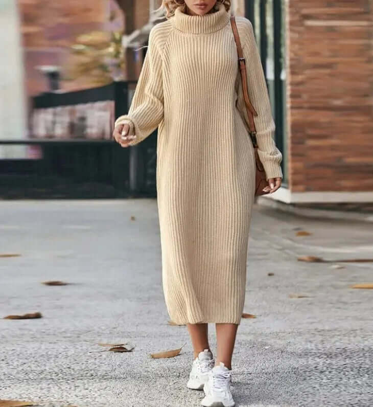 Women's Soft Knit Jumper Dress for Cool Spring Evenings — Champagne